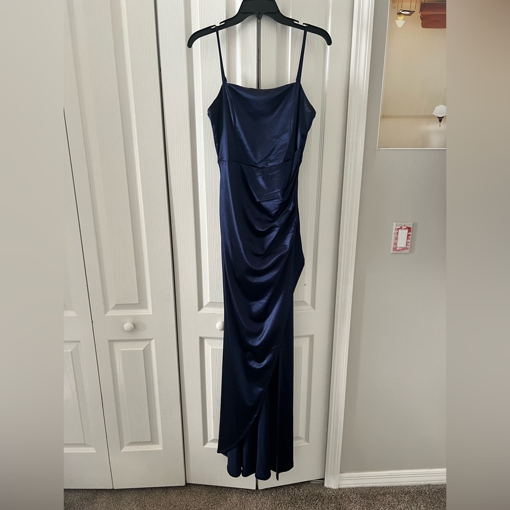 Navy Blue silky Prom Dress